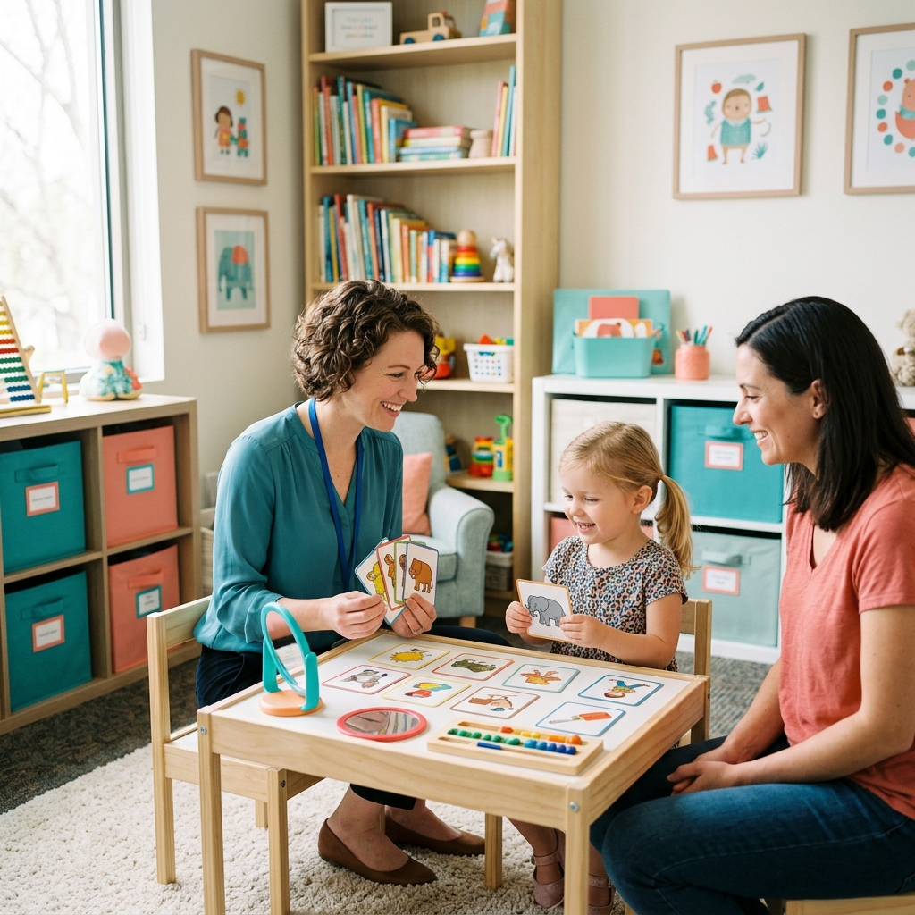 Speech therapist showing picture cards to child during evaluation