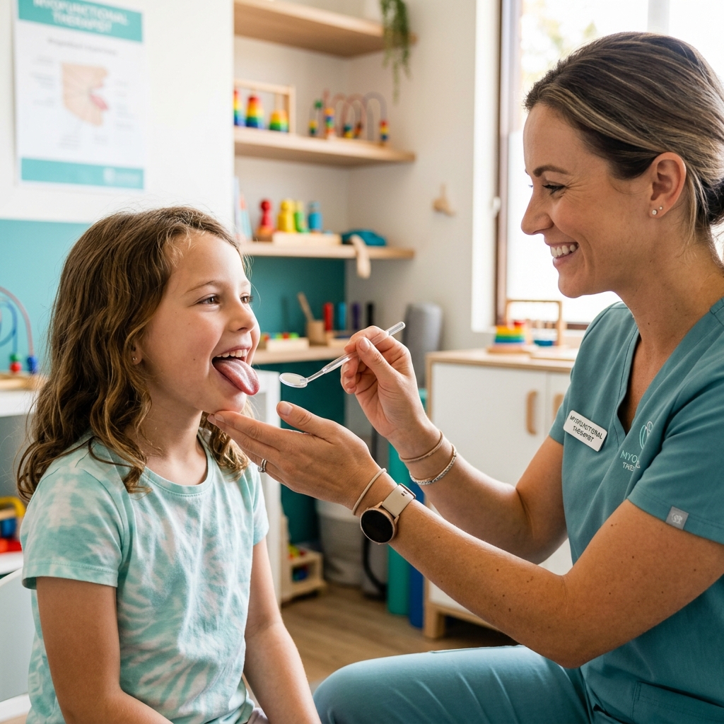 Child doing myofunctional therapy exercise with therapist